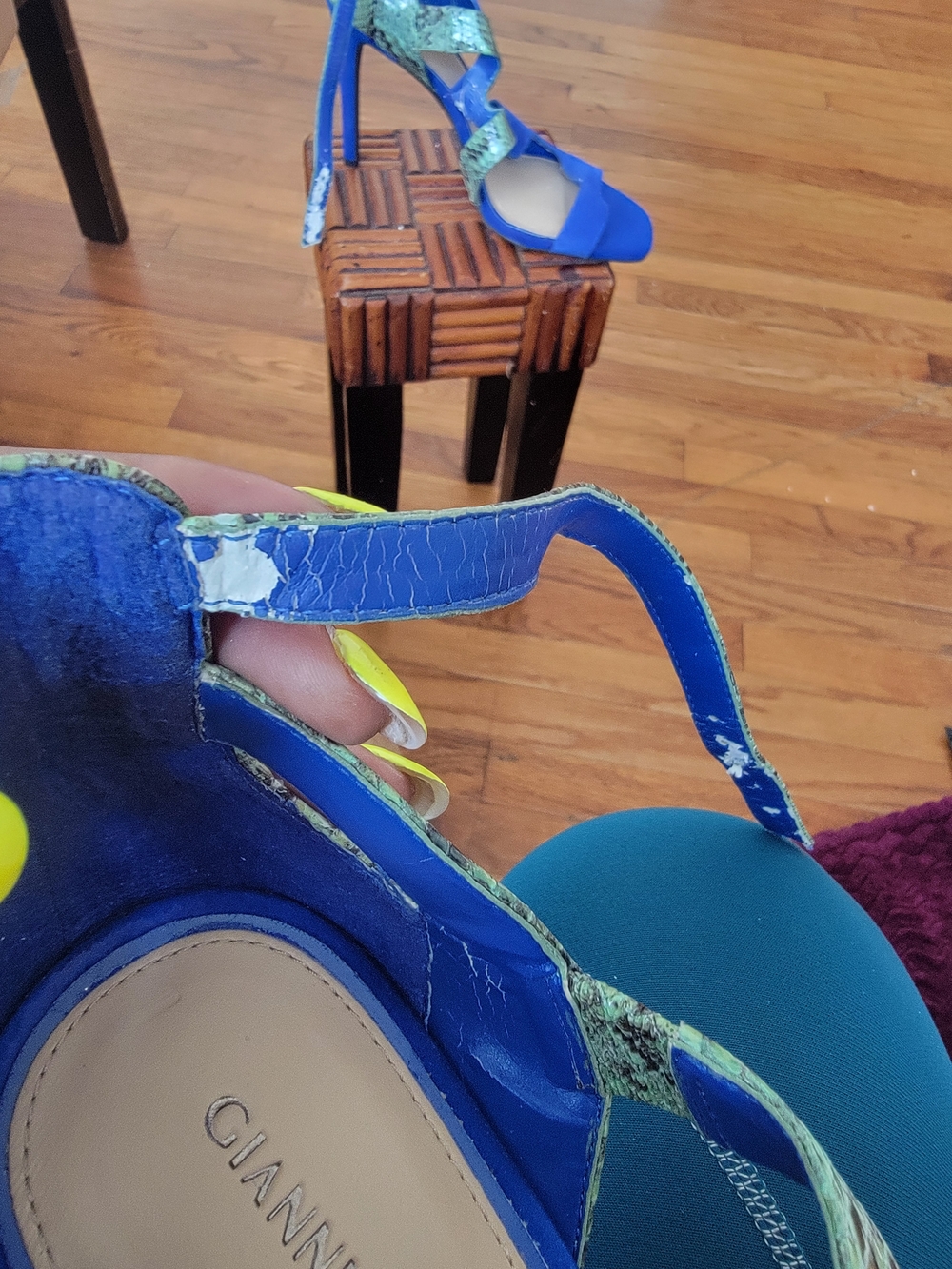 Gianni Bini Blue Suede Sandals with Green Snake-Print Straps - Picture 6 of 6